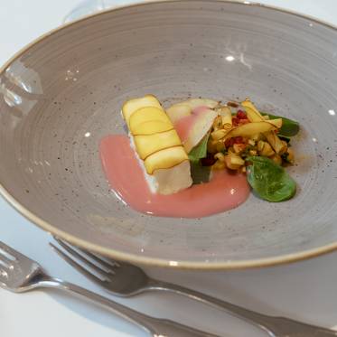 Vegan sheep's cheese puree with pomegranate sauce