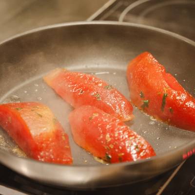 Watermelon Tataki Sauté watermelon chunks in a pan