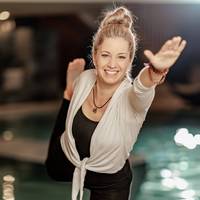Yoga instructor Michaela Bandura in a yoga pose